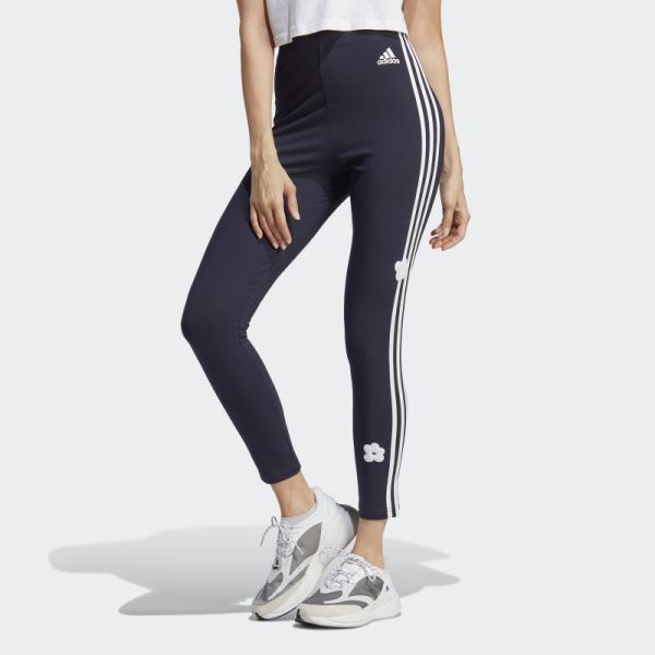 3-Stripes High-Rise Cotton Leggings With Chenille Flower Patches Adidas Ink