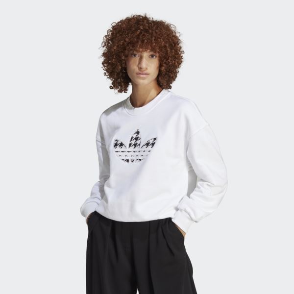 White Adidas Houndstooth Trefoil Infill Graphic Long Sleeve Sweatshirt