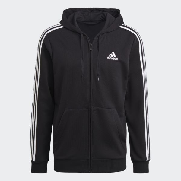 Adidas Essentials French Terry 3-Stripes Full-Zip Hoodie Black Stylish